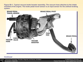 Figure 80–1  Typical vacuum brake booster assembly. The vacuum hose attaches to the intake manifold of the engine. The brake pedal travel sensor is an input sensor for the antilock braking system. Continued 