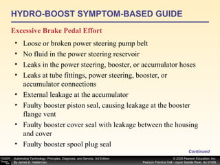 HYDRO-BOOST SYMPTOM-BASED GUIDE Excessive Brake Pedal Effort   Loose or broken power steering pump belt No fluid in the power steering reservoir Leaks in the power steering, booster, or accumulator hoses Leaks at tube fittings, power steering, booster, or accumulator connections External leakage at the accumulator Faulty booster piston seal, causing leakage at the booster flange vent Faulty booster cover seal with leakage between the housing and cover Faulty booster spool plug seal Continued 