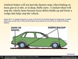 Figure 81–4  A wedge of gravel or snow in the front of a locked wheel can help stop a vehicle faster than would occur if the wheel brakes were pulsed on and off by an antilock braking system. Antilock brakes will not provide shortest stops when braking on loose gravel or dirt, or in deep, fluffy snow. A locked wheel will stop the vehicle faster because loose debris builds up and forms a wedge that helps stop the vehicle.  Continued 