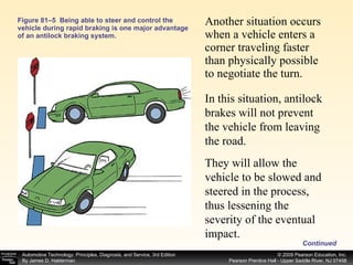 Figure 81–5  Being able to steer and control the vehicle during rapid braking is one major advantage of an antilock braking system. Another situation occurs when a vehicle enters a corner traveling faster than physically possible to negotiate the turn.  In this situation, antilock brakes will not prevent the vehicle from leaving the road.  They will allow the vehicle to be slowed and steered in the process, thus lessening the severity of the eventual impact.  Continued 