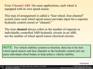 Four-Channel ABS   On some applications, each wheel is equipped with its own speed sensor. This type of arrangement is called a “four-wheel, four-channel” system since each wheel speed sensor provides input for a separate hydraulic control circuit or “channel.” The term  channel  always refers to the number of separate or individually controlled ABS hydraulic circuits in an ABS, not the number of wheel speed sensor electrical circuits. Continued NOTE:   For vehicle stability systems to function, there has to be four wheel speed sensors and four channels so the hydraulic control unit can pulse individual wheel brakes to help achieve vehicle stability. 