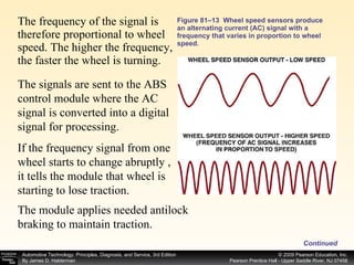 Figure 81–13  Wheel speed sensors produce an alternating current (AC) signal with a frequency that varies in proportion to wheel speed. The frequency of the signal is therefore proportional to wheel speed. The higher the frequency, the faster the wheel is turning. Continued The signals are sent to the ABS control module where the AC signal is converted into a digital signal for processing.  If the frequency signal from one wheel starts to change abruptly , it tells the module that wheel is starting to lose traction.  The module applies needed antilock braking to maintain traction. 