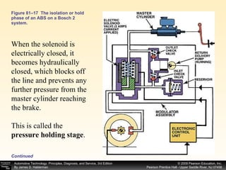 Figure 81–17  The isolation or hold phase of an ABS on a Bosch 2 system. When the solenoid is electrically closed, it becomes hydraulically closed, which blocks off the line and prevents any further pressure from the master cylinder reaching the brake. This is called the  pressure holding stage . Continued 