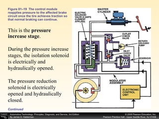 Figure 81–19  The control module reapplies pressure to the affected brake circuit once the tire achieves traction so that normal braking can continue. This is the  pressure increase stage .  During the pressure increase stages, the isolation solenoid is electrically and hydraulically opened.  The pressure reduction solenoid is electrically opened and hydraulically closed. Continued 