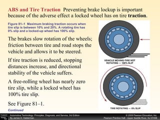 ABS and Tire Traction   Preventing brake lockup is important because of the adverse effect a locked wheel has on tire  traction . Figure 81–1  Maximum braking traction occurs when tire slip is between 10% and 20%. A rotating tire has 0% slip and a locked-up wheel has 100% slip. The brakes slow rotation of the wheels; friction between tire and road stops the vehicle and allows it to be steered.  If tire traction is reduced, stopping distances increase, and directional stability of the vehicle suffers. A free-rolling wheel has nearly zero tire slip, while a locked wheel has 100% tire slip. See Figure 81–1. Continued 