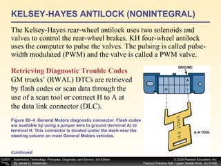 KELSEY-HAYES ANTILOCK (NONINTEGRAL) The Kelsey-Hayes rear-wheel antilock uses two solenoids and valves to control the rear-wheel brakes. KH four-wheel antilock uses the computer to pulse the valves. The pulsing is called pulse-width modulated (PWM) and the valve is called a PWM valve. Retrieving Diagnostic Trouble Codes   GM trucks’ (RWAL) DTCs are retrieved by flash codes or scan data through the use of a scan tool or connect H to A at the data link connector (DLC).  Figure 82–4  General Motors diagnostic connector. Flash codes are available by using a jumper wire to ground (terminal A) to terminal H. This connector is located under the dash near the steering column on most General Motors vehicles. Continued 