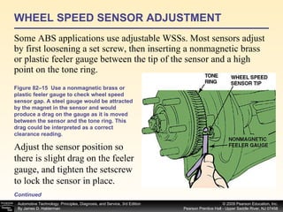 WHEEL SPEED SENSOR ADJUSTMENT Some ABS applications use adjustable WSSs. Most sensors adjust by first loosening a set screw, then inserting a nonmagnetic brass or plastic feeler gauge between the tip of the sensor and a high point on the tone ring.  Continued Figure 82–15  Use a nonmagnetic brass or plastic feeler gauge to check wheel speed sensor gap. A steel gauge would be attracted by the magnet in the sensor and would produce a drag on the gauge as it is moved between the sensor and the tone ring. This drag could be interpreted as a correct clearance reading. Adjust the sensor position so there is slight drag on the feeler gauge, and tighten the setscrew to lock the sensor in place. 