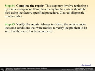 Step #4  Complete the repair  This step may involve replacing a hydraulic component. If so, then the hydraulic system should be bled using the factory specified procedure. Clear all diagnostic trouble codes. Step #5   Verify the repair  Always test-drive the vehicle under the same conditions that were needed to verify the problem to be sure that the cause has been corrected. Continued 