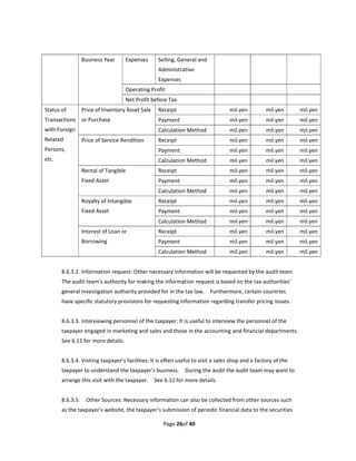 Business Year       Expenses       Selling, General and                                            
                                                   Administrative 
                                                   Expenses 
                                    Operating Profit                                                               
                                    Net Profit before Tax                                                          
Status of       Price of Inventory Asset Sale  Receipt                              mil.yen         mil.yen           mil.yen
Transactions  or Purchase                          Payment                          mil.yen         mil.yen           mil.yen
with Foreign                                       Calculation Method               mil.yen         mil.yen           mil.yen
Related         Price of Service Rendition         Receipt                          mil.yen         mil.yen           mil.yen
Persons,                                           Payment                          mil.yen         mil.yen           mil.yen
etc.                                               Calculation Method               mil.yen         mil.yen           mil.yen
                Rental of Tangible                 Receipt                          mil.yen         mil.yen           mil.yen
                Fixed Asset                        Payment                          mil.yen         mil.yen           mil.yen
                                                   Calculation Method               mil.yen         mil.yen           mil.yen
                Royalty of Intangible              Receipt                          mil.yen         mil.yen           mil.yen
                Fixed Asset                        Payment                          mil.yen         mil.yen           mil.yen
                                                   Calculation Method               mil.yen         mil.yen           mil.yen
                Interest of Loan or                Receipt                          mil.yen         mil.yen           mil.yen
                Borrowing                          Payment                          mil.yen         mil.yen           mil.yen
                                                   Calculation Method               mil.yen         mil.yen           mil.yen
         
        8.6.3.2. Information request: Other necessary information will be requested by the audit team. 
        The audit team’s authority for making the information request is based on the tax authorities’ 
        general investigation authority provided for in the tax law.    Furthermore, certain countries 
        have specific statutory provisions for requesting information regarding transfer pricing issues. 
         
        8.6.3.3. Interviewing personnel of the taxpayer: It is useful to interview the personnel of the 
        taxpayer engaged in marketing and sales and those in the accounting and financial departments.   
        See 6.11 for more details. 
         
        8.6.3.4. Visiting taxpayer’s facilities: It is often useful to visit a sales shop and a factory of the 
        taxpayer to understand the taxpayer’s business.    During the audit the audit team may want to 
        arrange this visit with the taxpayer.    See 6.12 for more details. 
         
        8.6.3.5.    Other Sources: Necessary information can also be collected from other sources such 
        as the taxpayer’s website, the taxpayer’s submission of periodic financial data to the securities 

                                                      Page 26of 40 
 