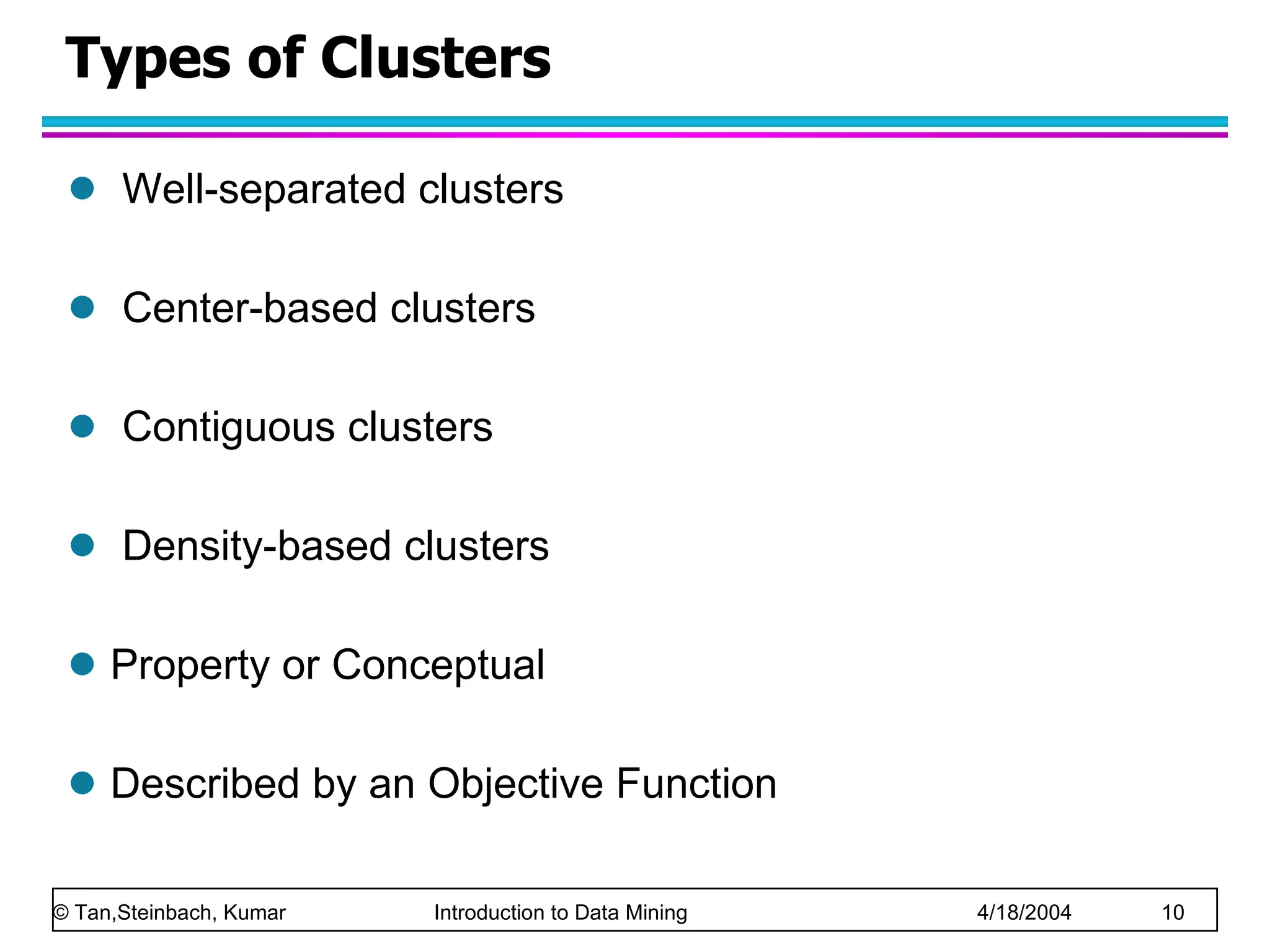 Types of Clusters Well-separated clusters Center-based clusters Contiguous clusters Density-based clusters Property or Conceptual Described by an Objective Function 