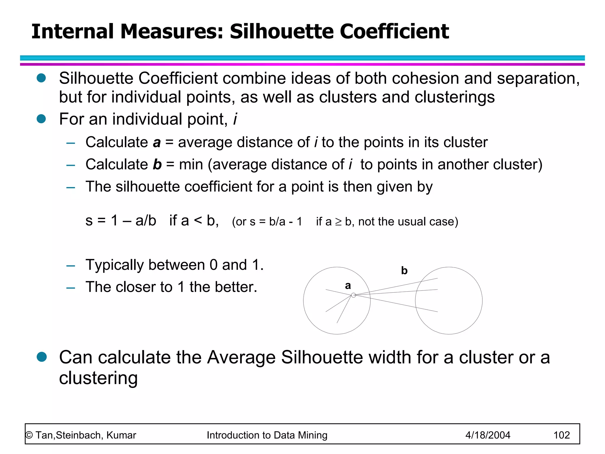 Silhouette Coefficient combine ideas of both cohesion and separation, but for individual points, as well as clusters and clusterings For an individual point,  i Calculate  a  = average distance of  i  to the points in its cluster Calculate  b  = min (average distance of  i  to points in another cluster) The silhouette coefficient for a point is then given by  s = 1 – a/b  if a < b,  (or s = b/a - 1  if a    b, not the usual case)   Typically between 0 and 1.  The closer to 1 the better. Can calculate the Average Silhouette width for a cluster or a clustering Internal Measures: Silhouette Coefficient 