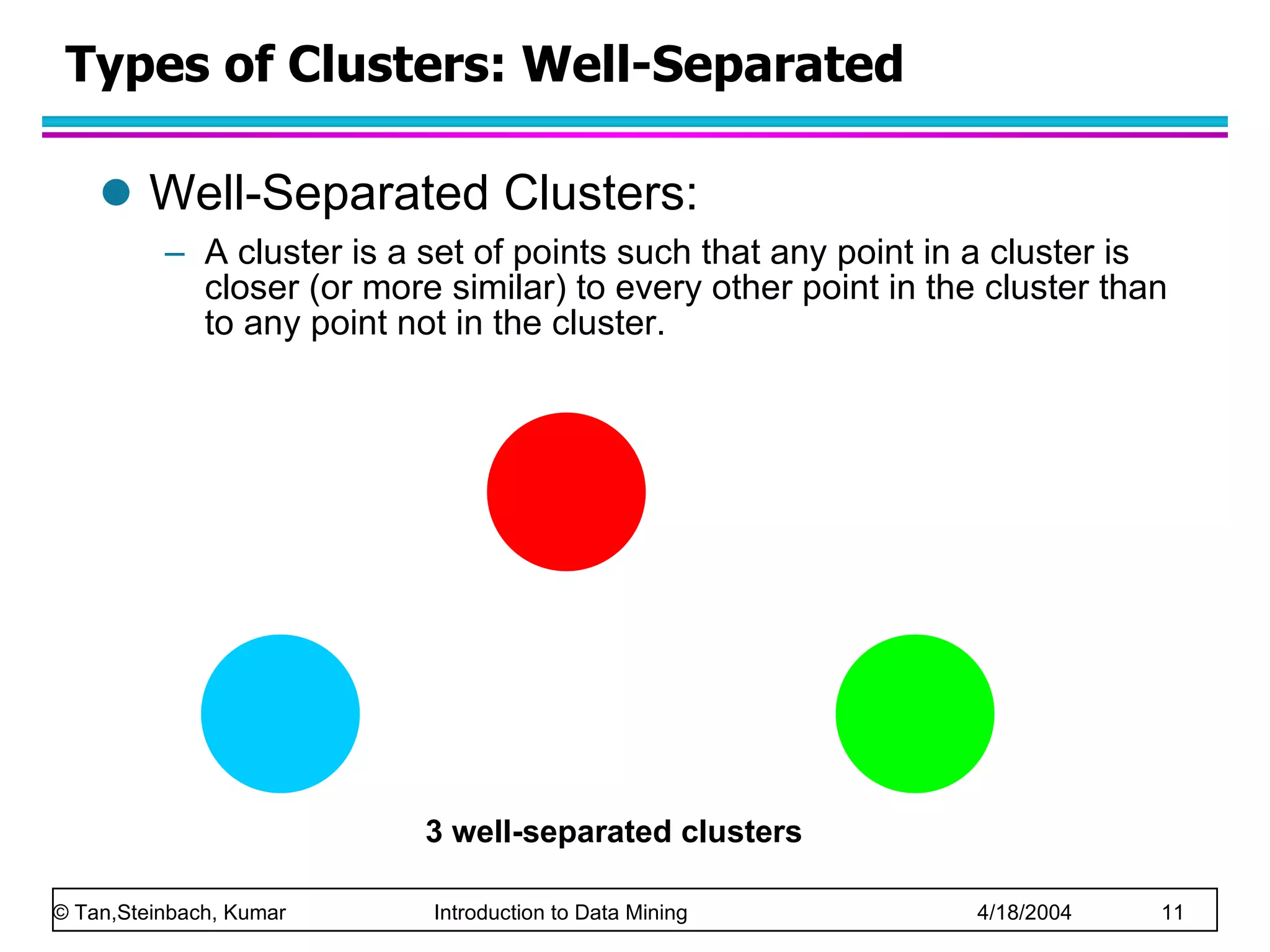 Types of Clusters: Well-Separated Well-Separated Clusters:  A cluster is a set of points such that any point in a cluster is closer (or more similar) to every other point in the cluster than to any point not in the cluster.  3 well-separated clusters 