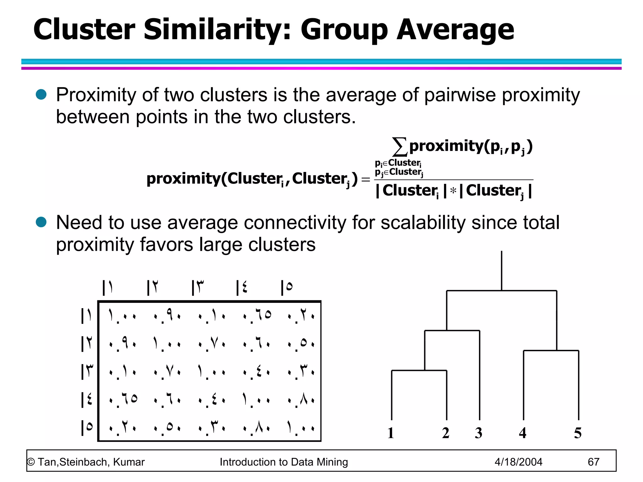 Cluster Similarity: Group Average Proximity of two clusters is the average of pairwise proximity between points in the two clusters. Need to use average connectivity for scalability since total proximity favors large clusters 1 2 3 4 5 