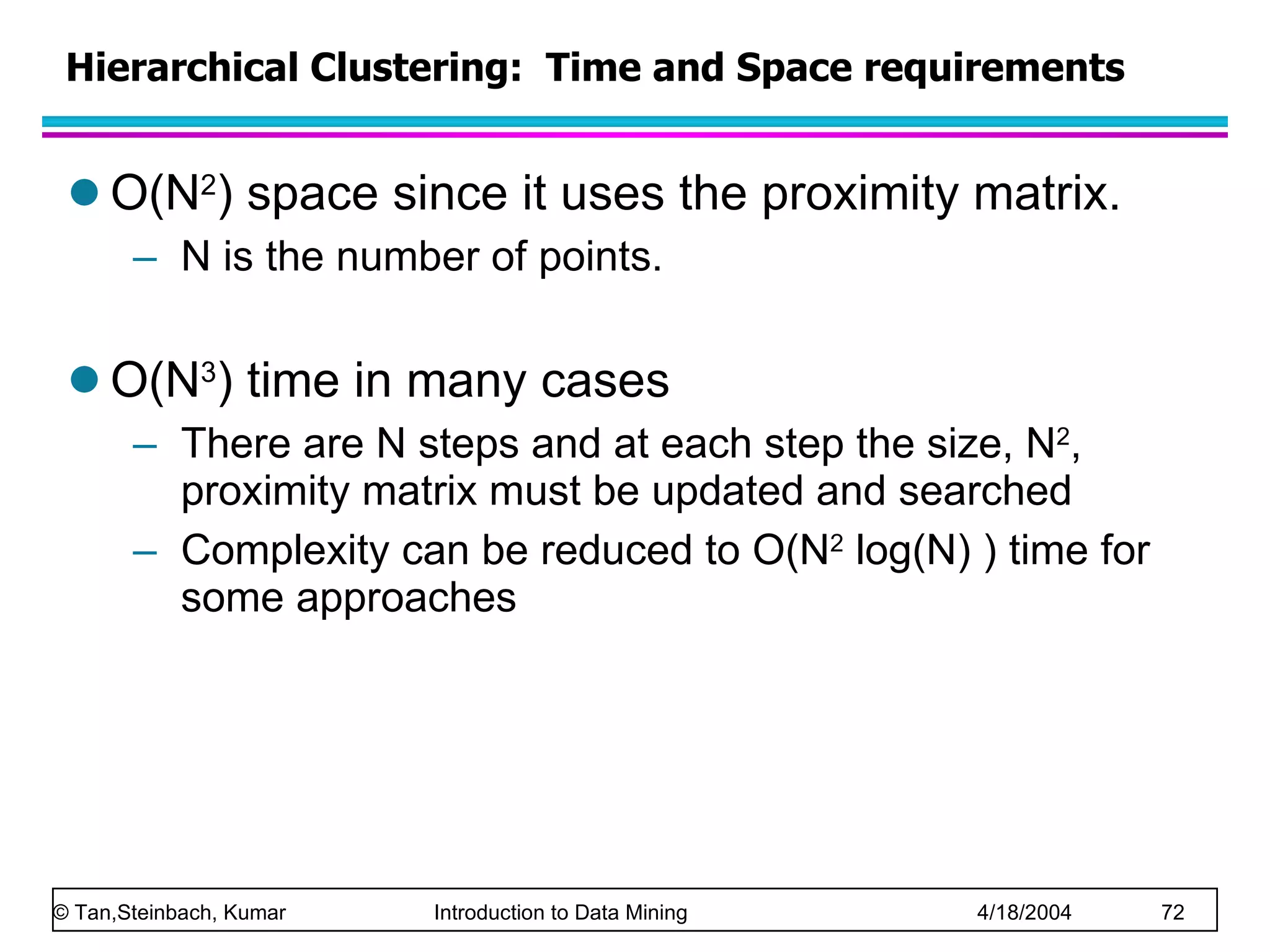 Hierarchical Clustering:  Time and Space requirements O(N 2 ) space since it uses the proximity matrix.  N is the number of points. O(N 3 ) time in many cases There are N steps and at each step the size, N 2 , proximity matrix must be updated and searched Complexity can be reduced to O(N 2  log(N) ) time for some approaches 