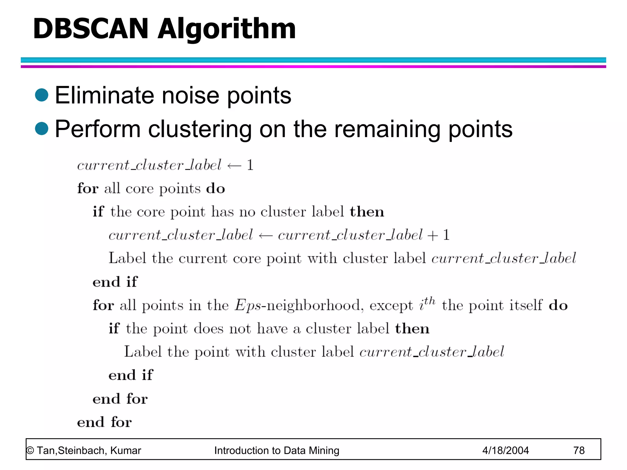 DBSCAN Algorithm Eliminate noise points Perform clustering on the remaining points 