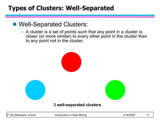 Types of Clusters: Well-Separated Well-Separated Clusters:  A cluster is a set of points such that any point in a cluster is closer (or more similar) to every other point in the cluster than to any point not in the cluster.  3 well-separated clusters 