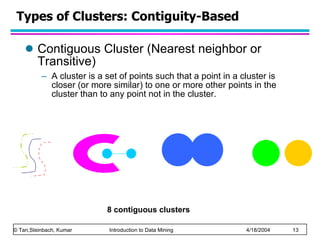 Types of Clusters: Contiguity-Based Contiguous Cluster (Nearest neighbor or Transitive) A cluster is a set of points such that a point in a cluster is closer (or more similar) to one or more other points in the cluster than to any point not in the cluster. 8 contiguous clusters 