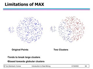 Limitations of MAX Original Points Tends to break large clusters Biased towards globular clusters Two Clusters 