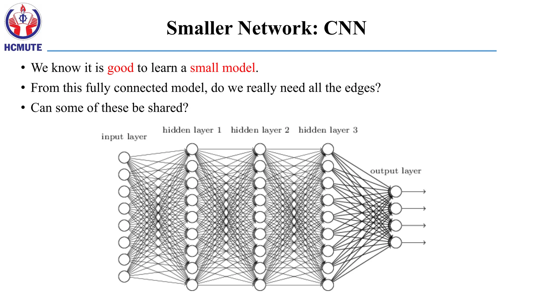Smaller Network: CNN
• We know it is good to learn a small model.
• From this fully connected model, do we really need all the edges?
• Can some of these be shared?
 