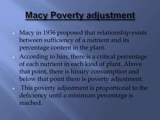  Macy in 1936 proposed that relationship exists
between sufficiency of a nutrient and its
percentage content in the plant.
 According to him, there is a critical percentage
of each nutrient in each kind of plant. Above
that point, there is luxury consumption and
below that point there is poverty adjustment.
 This poverty adjustment is proportional to the
deficiency until a minimum percentage is
reached.
 