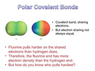 • Covalent bond, sharing
electrons,
• But electron sharing not
always equal.
• Fluorine pulls harder on the shared
electrons than hydrogen does.
• Therefore, the fluorine end has more
electron density than the hydrogen end.
• But how do you know who pulls hardest?
 