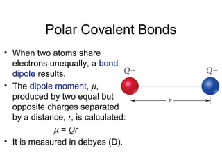 Polar Covalent Bonds
• When two atoms share
electrons unequally, a bond
dipole results.
• The dipole moment, µ,
produced by two equal but
opposite charges separated
by a distance, r, is calculated:
µ = Qr
• It is measured in debyes (D).
 
