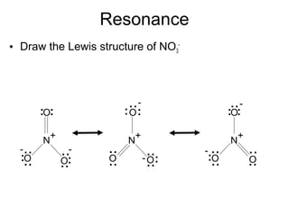 Resonance
• Draw the Lewis structure of NO3
-
N
O
OO
..
....
..
..
..
..-
+
N
O
OO
..
....
..
..
..
..
-
+
N
O
OO
..
....
..
..
..
..
-
+
....- -
..
-
 
