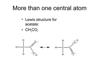 More than one central atom
• Lewis structure for
acetate:
• CH3CO2
-
 