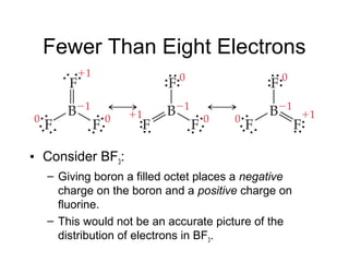 Fewer Than Eight Electrons
• Consider BF3:
– Giving boron a filled octet places a negative
charge on the boron and a positive charge on
fluorine.
– This would not be an accurate picture of the
distribution of electrons in BF3.
 