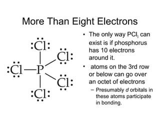 More Than Eight Electrons
• The only way PCl5 can
exist is if phosphorus
has 10 electrons
around it.
• atoms on the 3rd row
or below can go over
an octet of electrons
– Presumably d orbitals in
these atoms participate
in bonding.
 