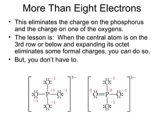 More Than Eight Electrons
• This eliminates the charge on the phosphorus
and the charge on one of the oxygens.
• The lesson is: When the central atom is on the
3rd row or below and expanding its octet
eliminates some formal charges, you can do so.
• But, you don’t have to.
 