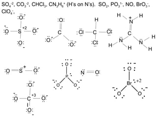..
SO4
-2
, CO3
-2
, CHCl3, CN3H6
+
(H’s on N’s). SO2, PO3
1-
, NO, BrO3
-
,
ClO4
-
,
S
O
O
O
O
..
....
.. ..
..
::
: :
: :
- -
-
-
+2
C
O: :
O
..
: :
-O
..
: :
-
C Cl
..
:
..Cl:
..Cl:
..
:
H
C
N
H H
N H
H
..N..
HH
+
S OO ....
..
::
-..+
N O..
..
:.
C
l
O
O
O
O
..
....
.. ..
..
::
: :
: :
- -
-
-
+3
 