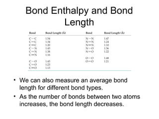 Bond Enthalpy and Bond
Length
• We can also measure an average bond
length for different bond types.
• As the number of bonds between two atoms
increases, the bond length decreases.
 