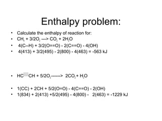 Enthalpy problem:
• Calculate the enthalpy of reaction for:
• CH4 + 3/2O2 ---> CO2 + 2H2O
• 4(C--H) + 3/2(O==O) - 2(C==O) - 4(OH)
• 4(413) + 3/2(495) - 2(800) - 4(463) = -563 kJ
• HC CH + 5/2O2 ------> 2CO2 + H2O
• 1(CC) + 2CH + 5/2(O=O) - 4(C==O) - 2(OH)
• 1(834) + 2(413) +5/2(495) - 4(800) - 2(463) = -1229 kJ
 