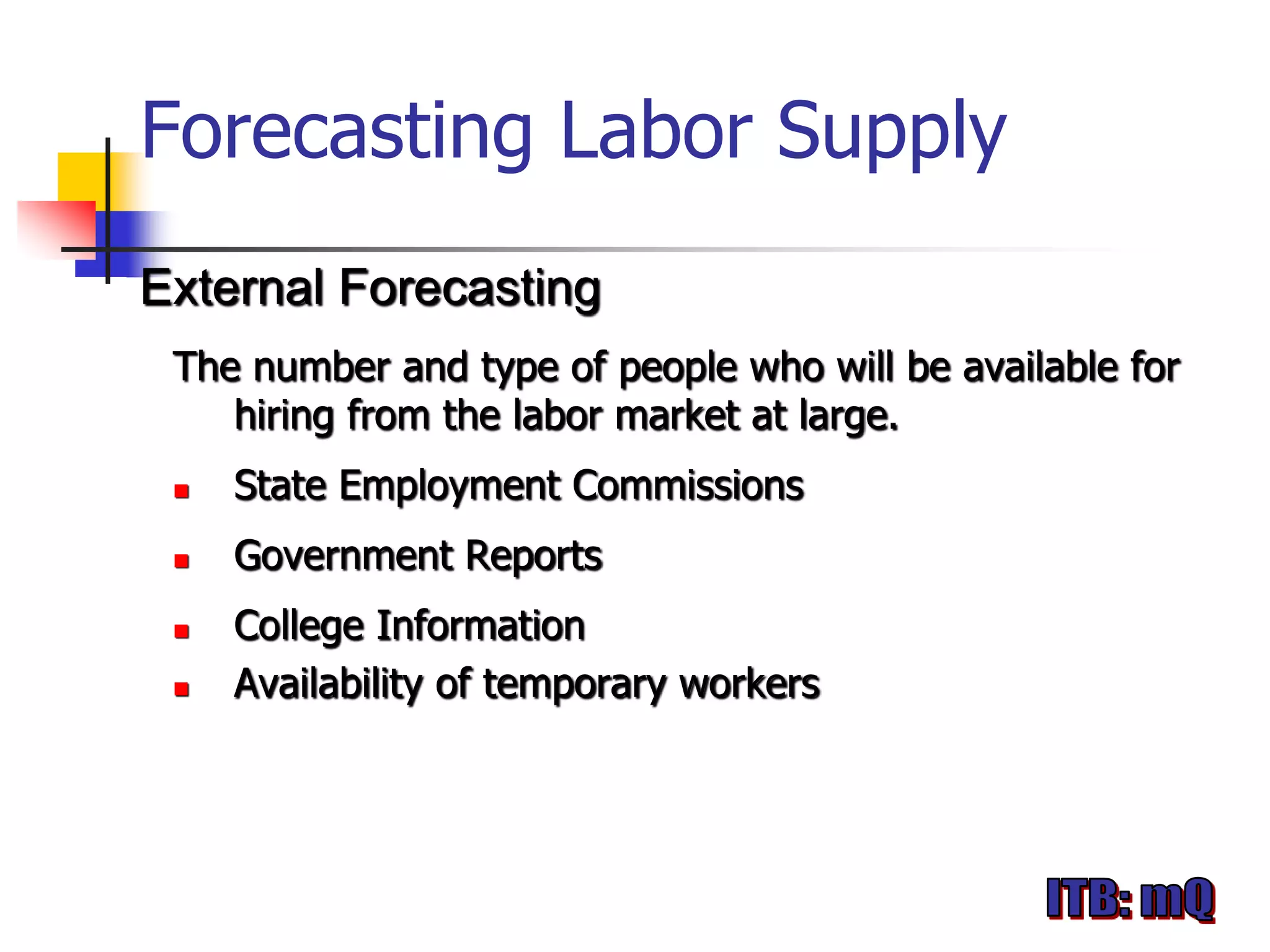 Forecasting Labor Supply
External Forecasting
 The number and type of people who will be available for
    hiring from the labor market at large.
    State Employment Commissions
    Government Reports
    College Information
    Availability of temporary workers
 