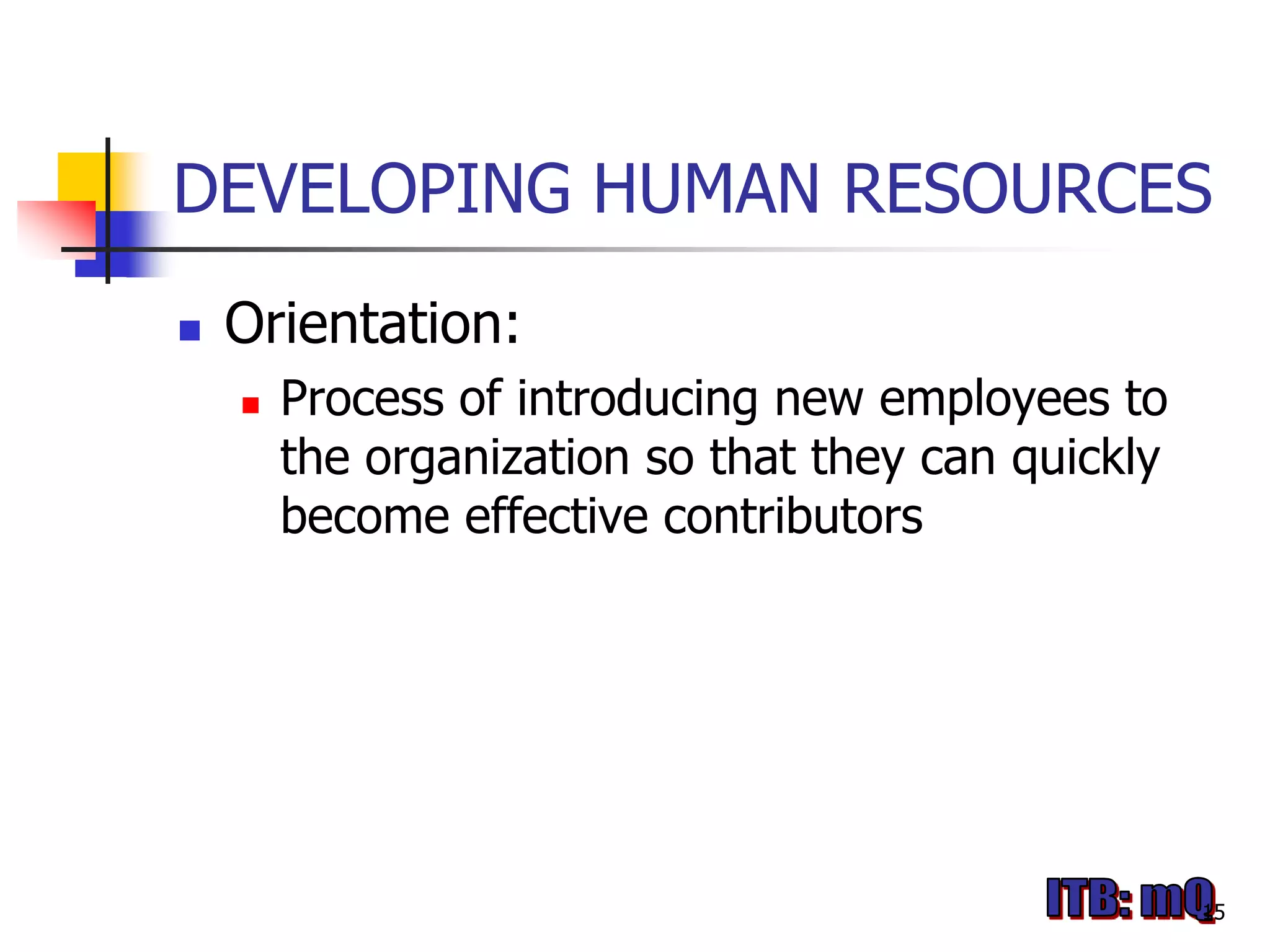 DEVELOPING HUMAN RESOURCES
   Orientation:
       Process of introducing new employees to
        the organization so that they can quickly
        become effective contributors




                                                    15
 