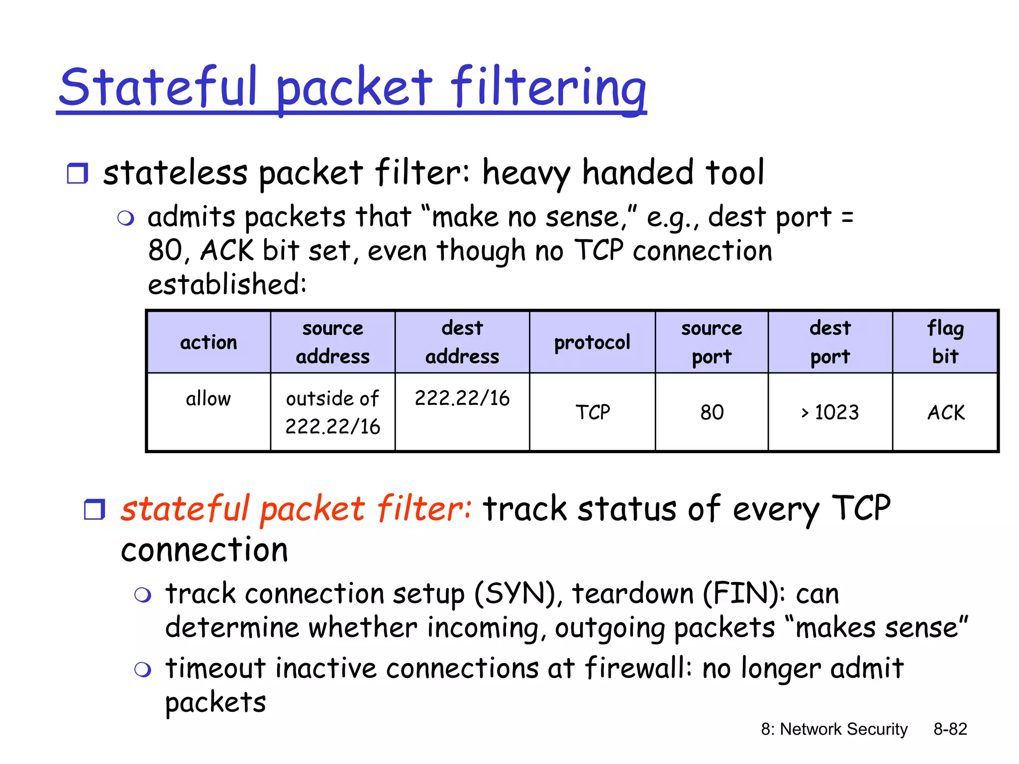 8: Network Security 8-82
Stateful packet filtering
 stateless packet filter: heavy handed tool
 admits packets that “make no sense,” e.g., dest port =
80, ACK bit set, even though no TCP connection
established:
action
source
address
dest
address
protocol
source
port
dest
port
flag
bit
allow outside of
222.22/16
222.22/16
TCP 80 > 1023 ACK
 stateful packet filter: track status of every TCP
connection
 track connection setup (SYN), teardown (FIN): can
determine whether incoming, outgoing packets “makes sense”
 timeout inactive connections at firewall: no longer admit
packets
 
