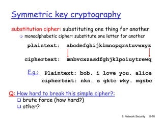 8: Network Security 8-10
Symmetric key cryptography
substitution cipher: substituting one thing for another
 monoalphabetic cipher: substitute one letter for another
plaintext: abcdefghijklmnopqrstuvwxyz
ciphertext: mnbvcxzasdfghjklpoiuytrewq
Plaintext: bob. i love you. alice
ciphertext: nkn. s gktc wky. mgsbc
E.g.:
Q: How hard to break this simple cipher?:
 brute force (how hard?)
 other?
 