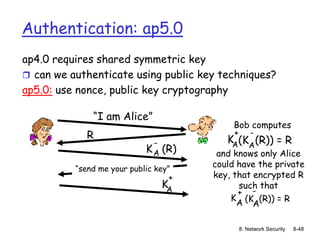 8: Network Security 8-48
Authentication: ap5.0
ap4.0 requires shared symmetric key
 can we authenticate using public key techniques?
ap5.0: use nonce, public key cryptography
“I am Alice”
R
Bob computes
K (R)
A
-
“send me your public key”
KA
+
(K (R)) = R
A
-
KA
+
and knows only Alice
could have the private
key, that encrypted R
such that
(K (R)) = R
A
-
K
A
+
 
