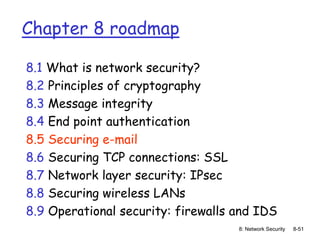 8: Network Security 8-51
Chapter 8 roadmap
8.1 What is network security?
8.2 Principles of cryptography
8.3 Message integrity
8.4 End point authentication
8.5 Securing e-mail
8.6 Securing TCP connections: SSL
8.7 Network layer security: IPsec
8.8 Securing wireless LANs
8.9 Operational security: firewalls and IDS
 
