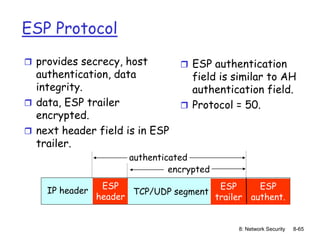 8: Network Security 8-65
ESP Protocol
 provides secrecy, host
authentication, data
integrity.
 data, ESP trailer
encrypted.
 next header field is in ESP
trailer.
 ESP authentication
field is similar to AH
authentication field.
 Protocol = 50.
IP header TCP/UDP segment
ESP
header
ESP
trailer
ESP
authent.
encrypted
authenticated
 