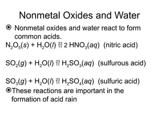 Nonmetal Oxides and Water
 Nonmetal oxides and water react to form
common acids.
N2O5(s) + H2O(l)  2 HNO3(aq) (nitric acid)
SO2(g) + H2O(l)  H2SO3(aq) (sulfurous acid)
SO3(g) + H2O(l)  H2SO4(aq) (sulfuric acid)
These reactions are important in the
formation of acid rain.
 