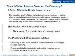 Does Inflation Impose Costs on the Economy? Learning  Objective  8.7 Inflation Affects the Distribution of Income The Problem with Anticipated Inflation Menu costs   The costs to firms of changing prices. The Problem with Unanticipated Inflation The extent to which inflation redistributes income depends in part on whether the inflation is  anticipated —in which case consumers, workers, and firms can see it coming and can prepare for it— or  unanticipated —in which case they do not see it coming and do not prepare for it.  Like many of life’s other problems, inflation is easier to manage if you see it coming. Even when inflation is perfectly anticipated, however, some individuals will experience a cost. 