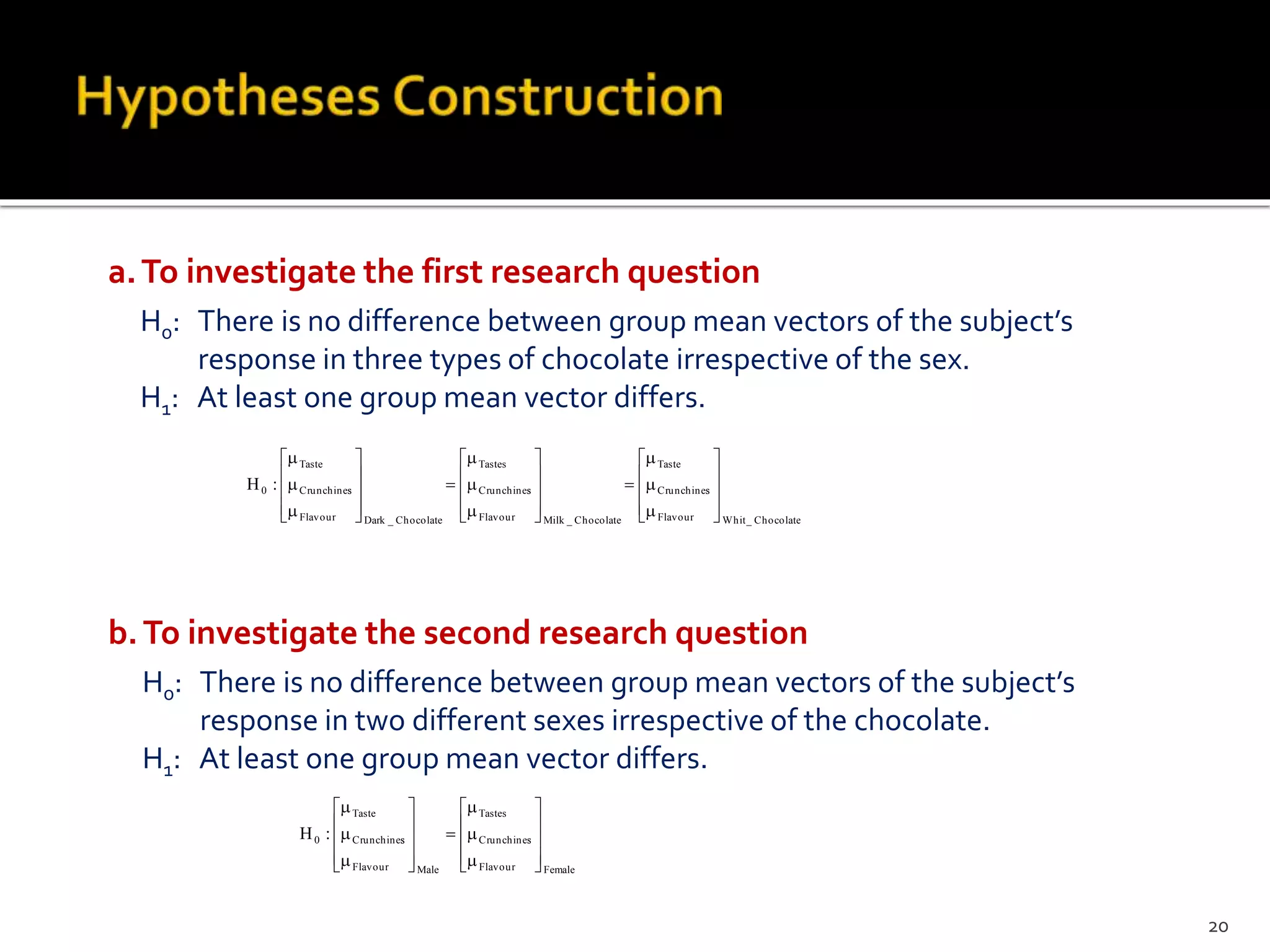H0: There is no difference between group mean vectors of the subject’s
response in three types of chocolate irrespective of the sex.
H1: At least one group mean vector differs.
a.To investigate the first research question
H0: There is no difference between group mean vectors of the subject’s
response in two different sexes irrespective of the chocolate.
H1: At least one group mean vector differs.
b.To investigate the second research question
Chocolate_WhitFlavour
sCrunchines
Taste
Chocolate_MilkFlavour
sCrunchines
Tastes
Chocolate_DarkFlavour
sCrunchines
Taste
0 :H









































FemaleFlavour
sCrunchines
Tastes
MaleFlavour
sCrunchines
Taste
0 :H



























20
 