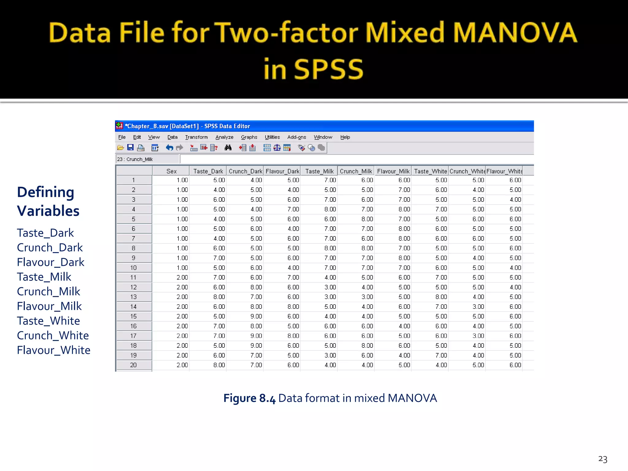 Figure 8.4 Data format in mixed MANOVA
Defining
Variables
Taste_Dark
Crunch_Dark
Flavour_Dark
Taste_Milk
Crunch_Milk
Flavour_Milk
Taste_White
Crunch_White
Flavour_White
23
 