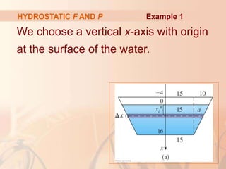We choose a vertical x-axis with origin
at the surface of the water.
HYDROSTATIC F AND P Example 1
 