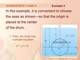 In this example, it is convenient to choose
the axes as shown—so that the origin is
placed at the center
of the drum.
 Then, the circle has
a simple equation:
x2 + y2 = 9
HYDROSTATIC F AND P Example 2
 