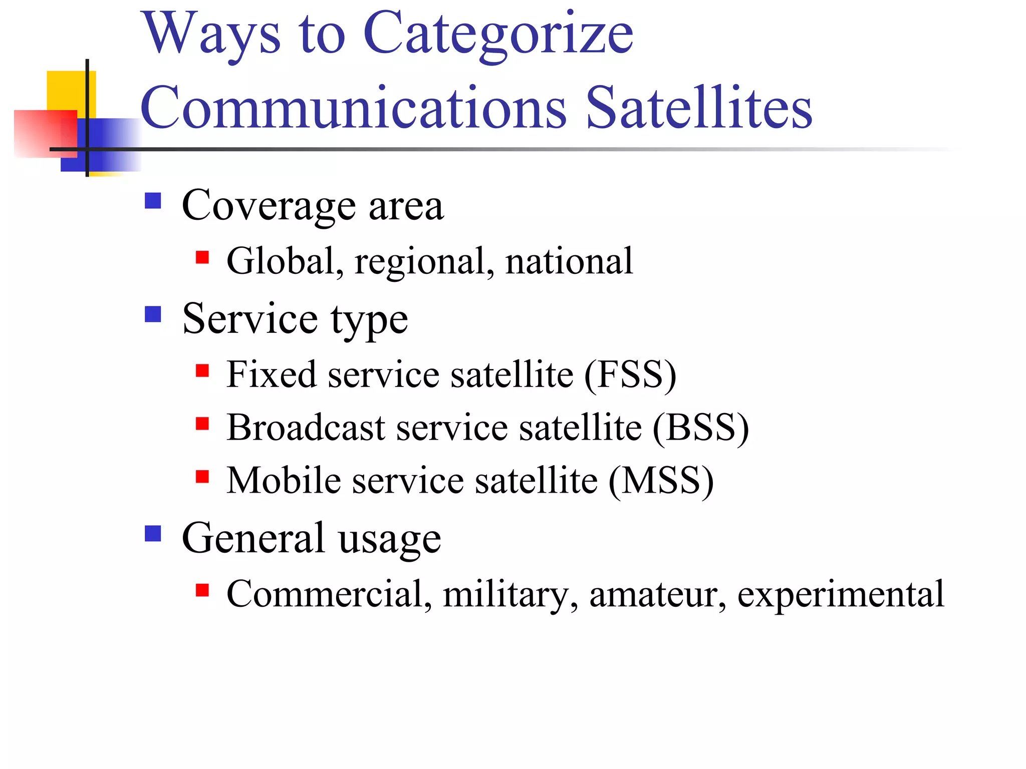 Ways to Categorize Communications Satellites Coverage area Global, regional, national Service type Fixed service satellite (FSS) Broadcast service satellite (BSS) Mobile service satellite (MSS) General usage Commercial, military, amateur, experimental 