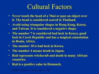 Cultural Factors Never touch the head of a Thai or pass an object over it. The head is considered scared in Thailand. Avoid using triangular shapes in Hong Kong, Korea, and Taiwan. It is considered a negative shape. The number 7 is considered bad luck in Kenya, good luck in Czech Republic and has a magical connotation in Benin, Africa. The number 10 is bad luck in Korea. The number 4 means death in Japan. Red represents witchcraft and death in many African countries. Red is a positive color in Denmark. SOURCE: Business America, July 12, 1993 