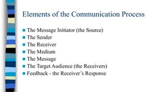 Elements of the Communication Process


The Message Initiator (the Source)
 The Sender
 The Receiver
 The Medium
 The Message
 The Target Audience (the Receivers)
 Feedback - the Receiver’s Response

 